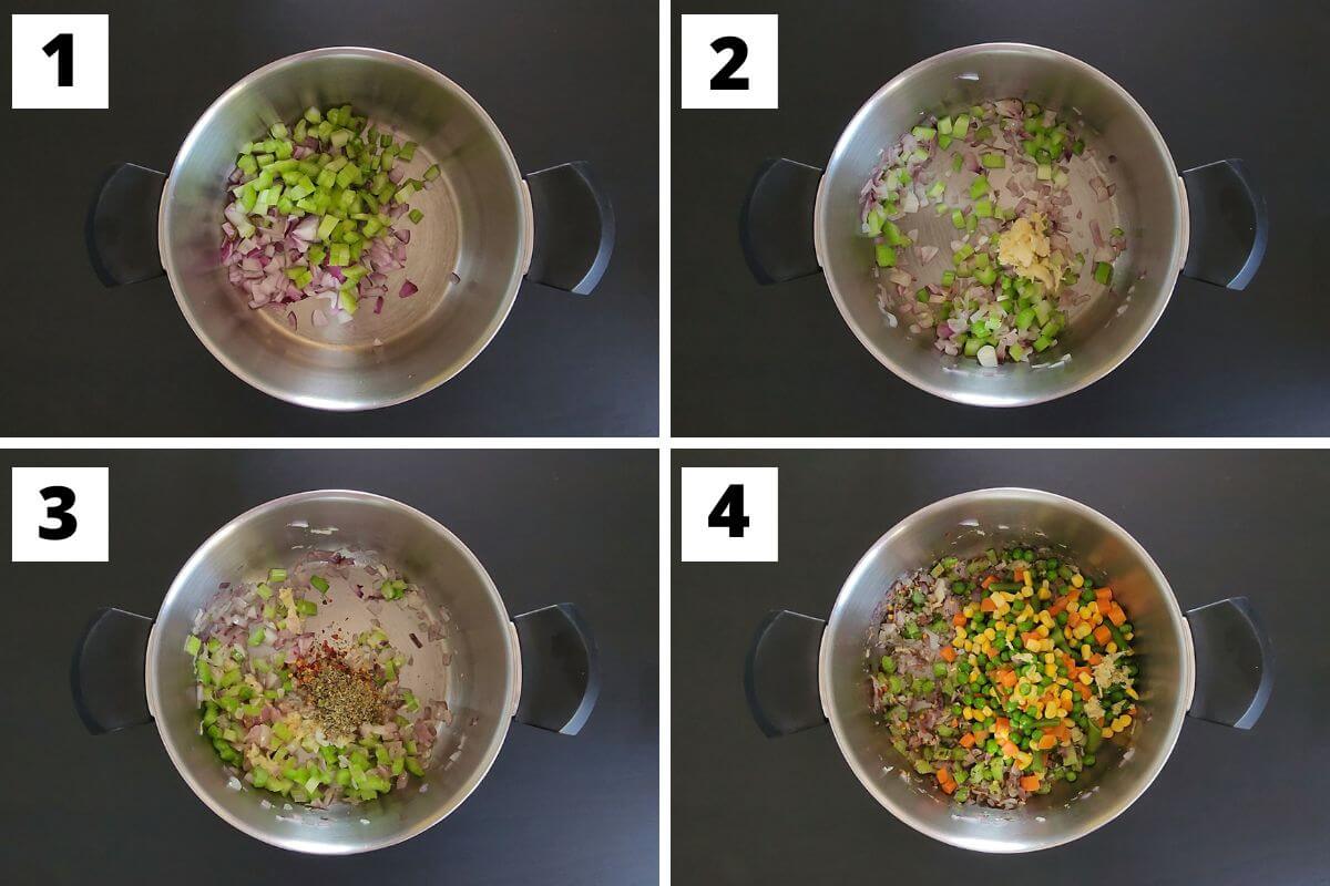 Collage of images of steps 1 to 4 of orzo soup with vegetables recipe.