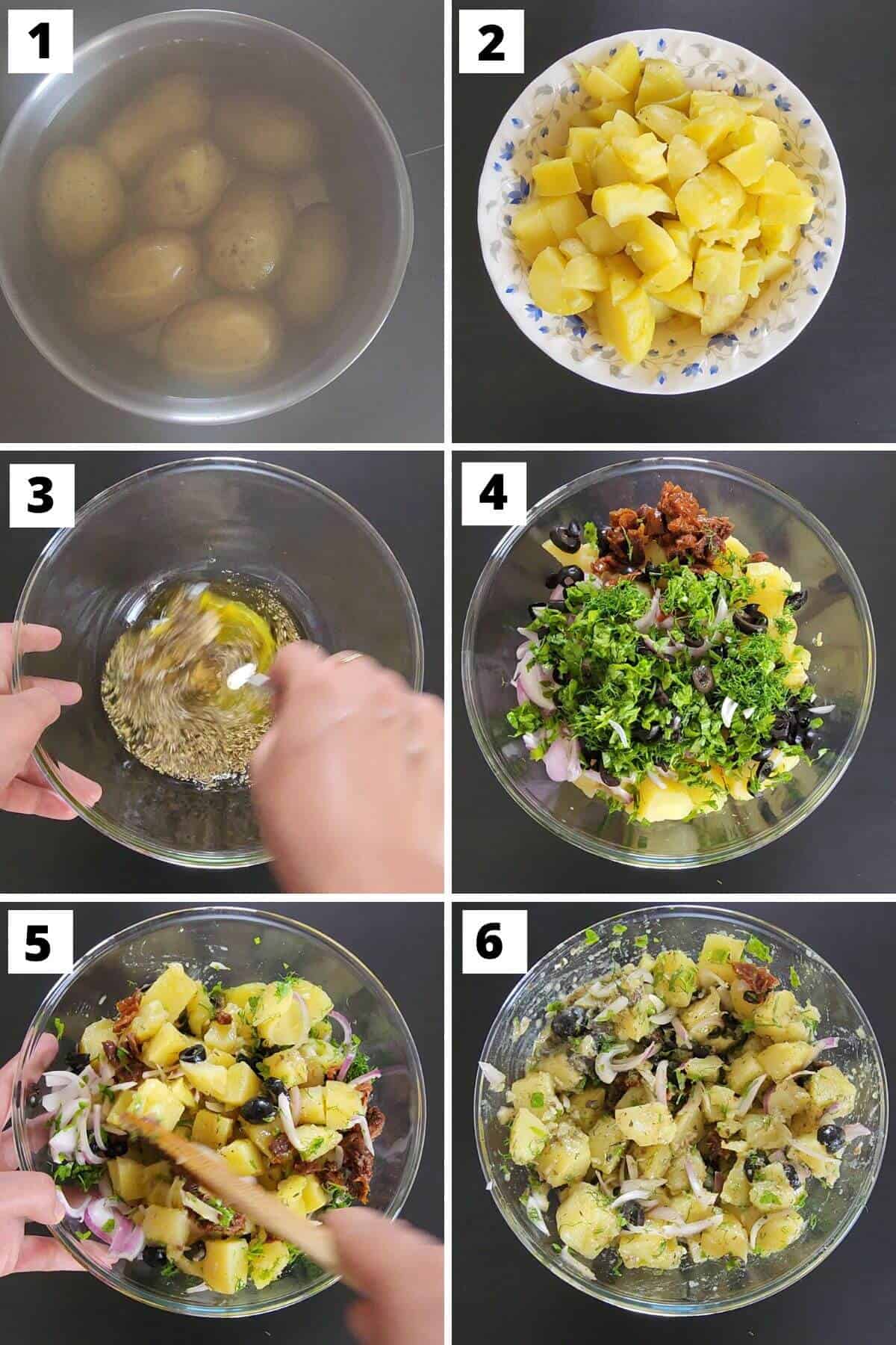 Collage of images of steps 1 to 6 of Greek potato salad recipe.