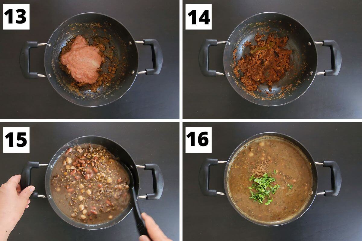 Collage of images of steps 13 to 14 of Indian beans curry recipe.