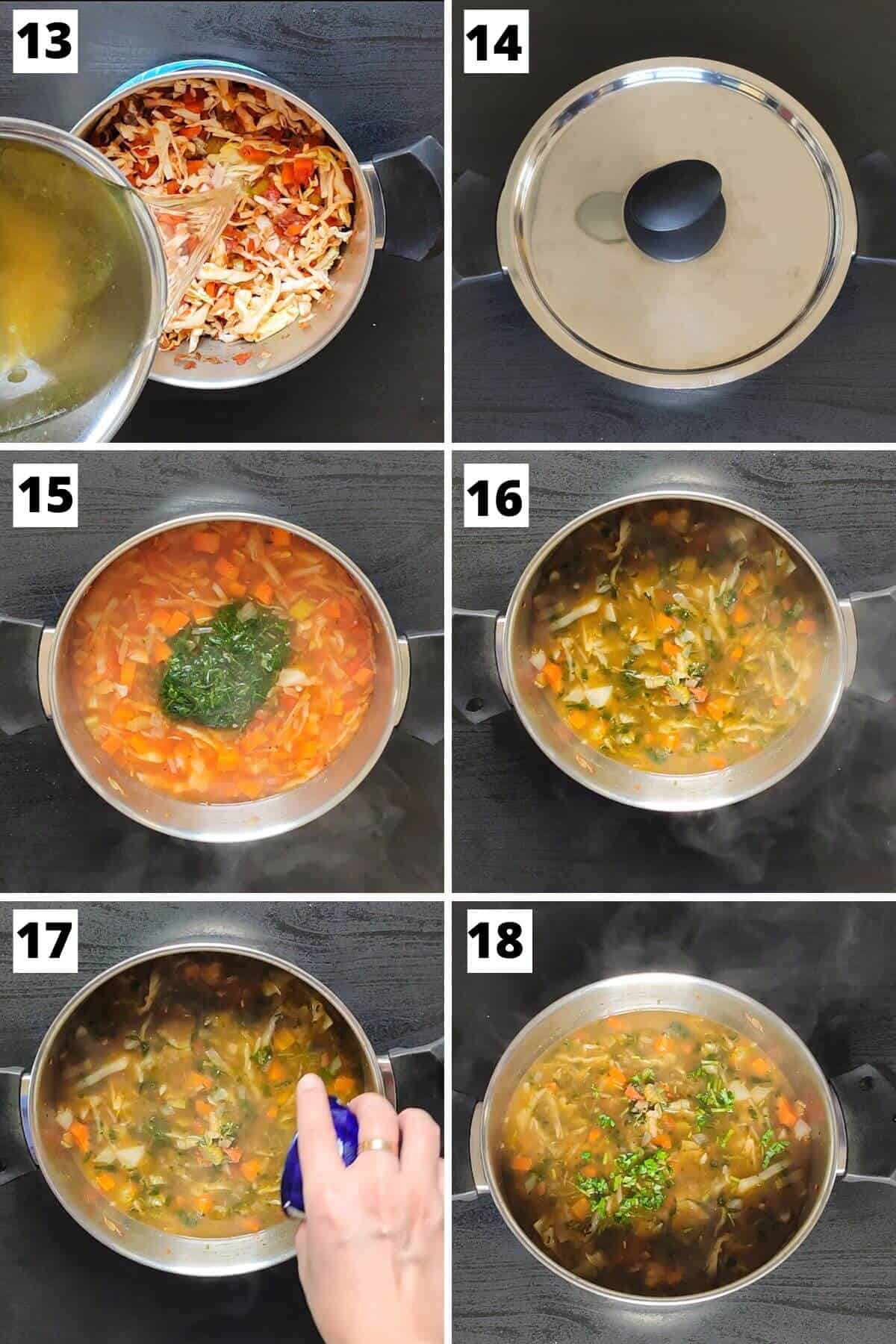 Collage of images of steps 13 to 18 of vegan cabbage soup recipe.