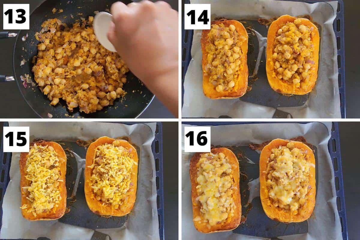 Collage of images of steps 13 to 16 of chickpea stuffed butternut squash recipe.