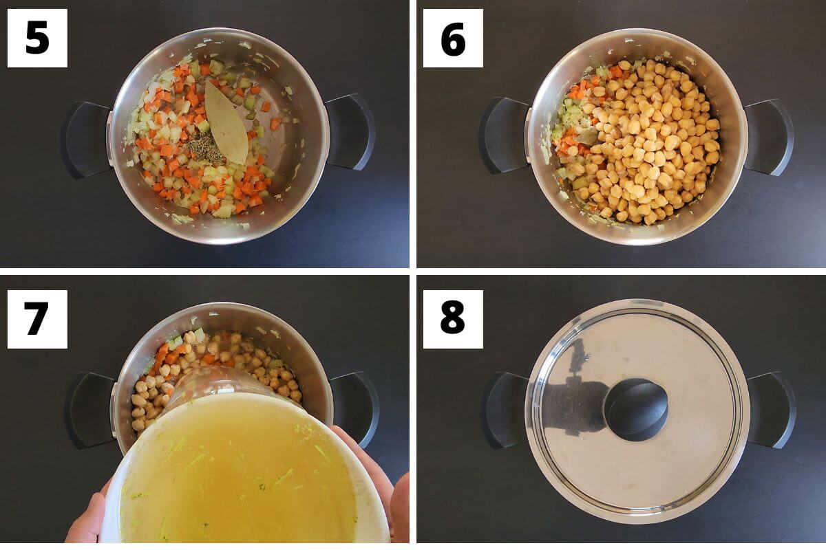 Collage of images of steps 5 to 8 of Greek chickpea soup recipe.
