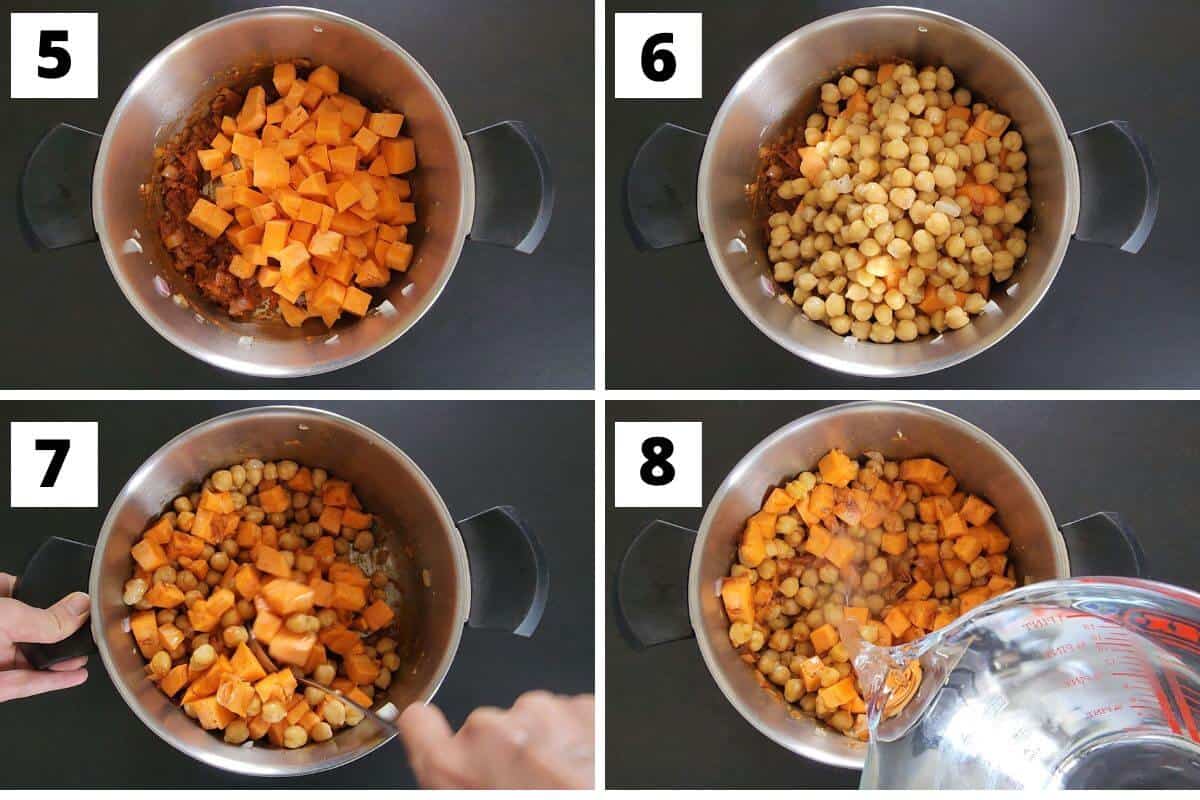 Collage of images of steps 5 to 8 of Moroccan sweet potato and chickpea soup recipe.