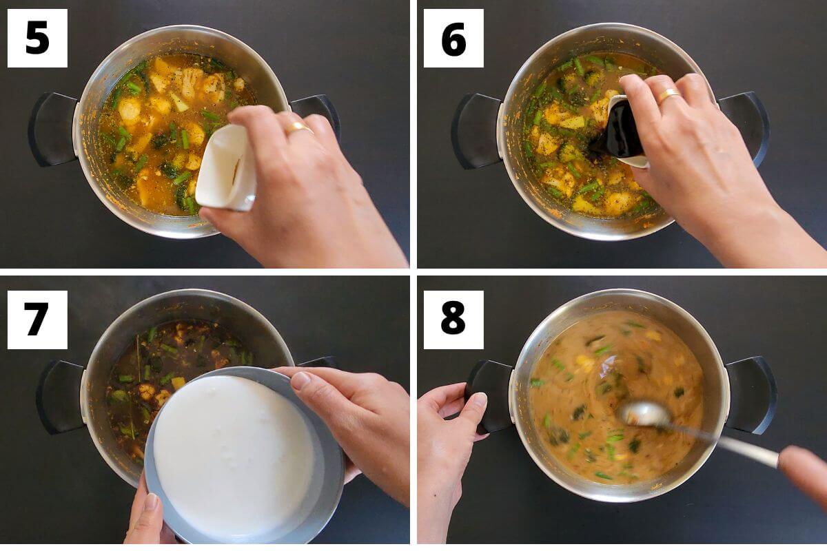 Collage of images of steps 5 to 8 of Thai curry noodle soup.