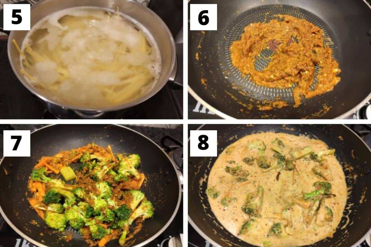 Collage of 4 photos showing step by step process of making Thai curry noodles