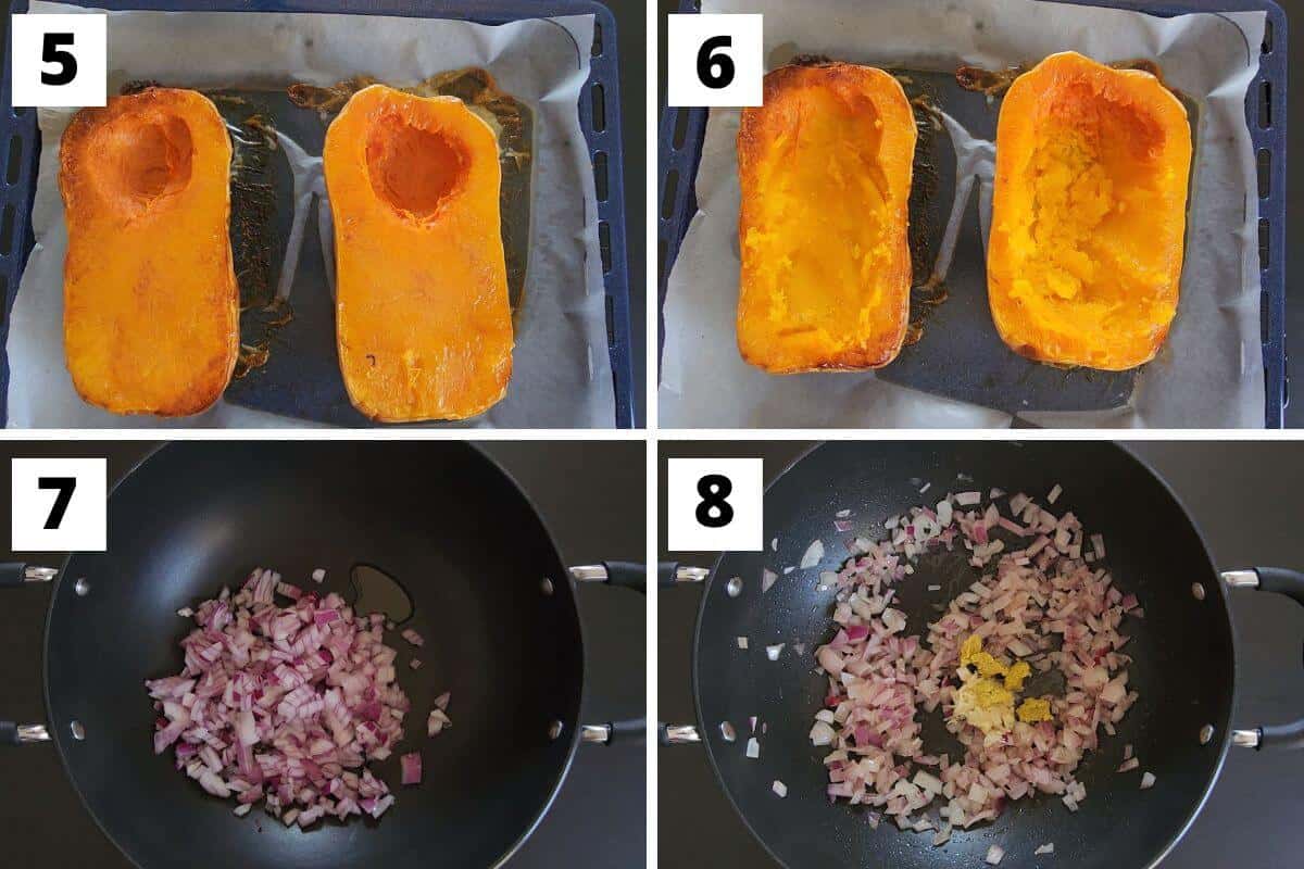 Collage of images of steps 5 to 8 of chickpea stuffed butternut squash recipe.