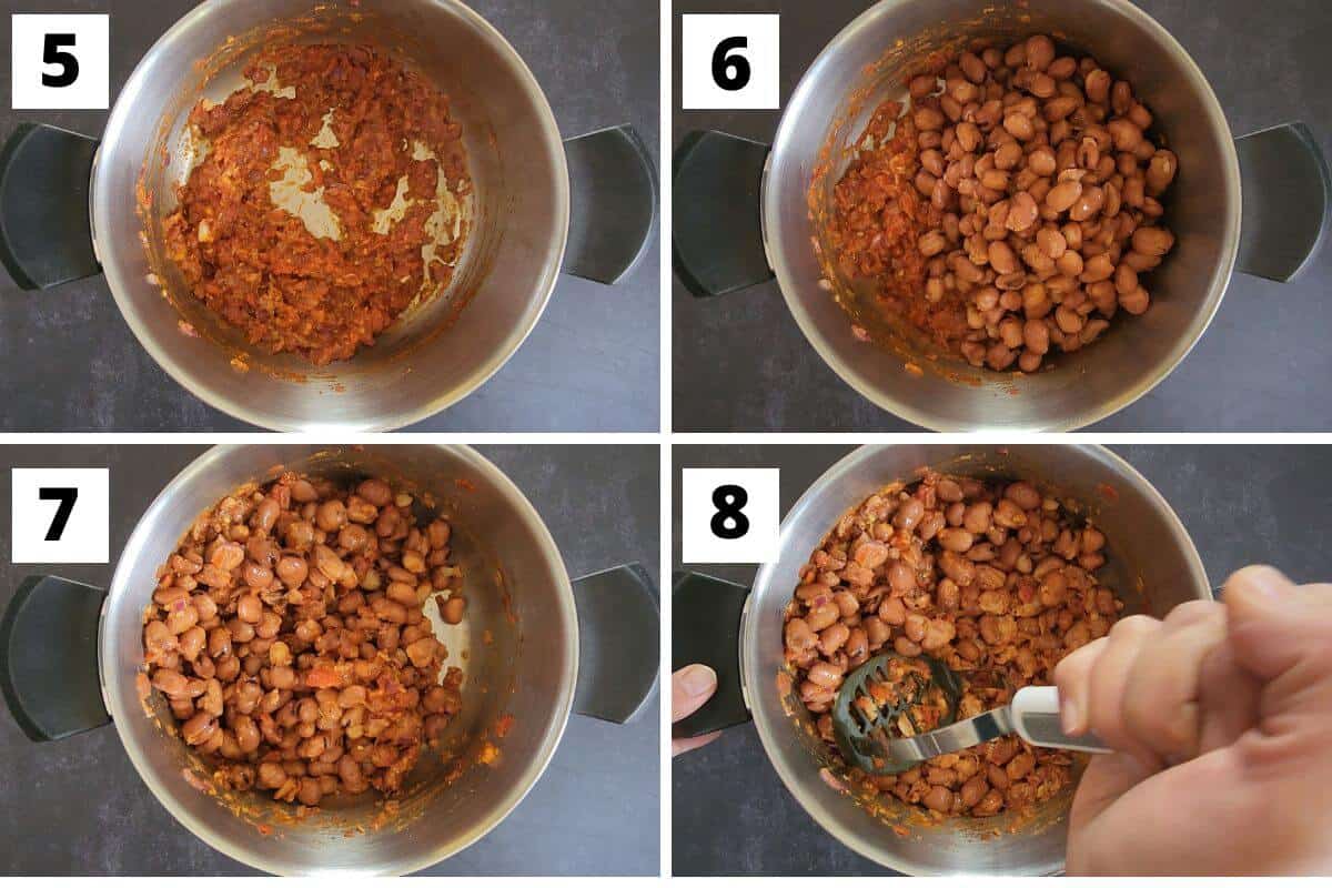 Collage of images of steps 5 to 8 of fava bean soup recipe.
