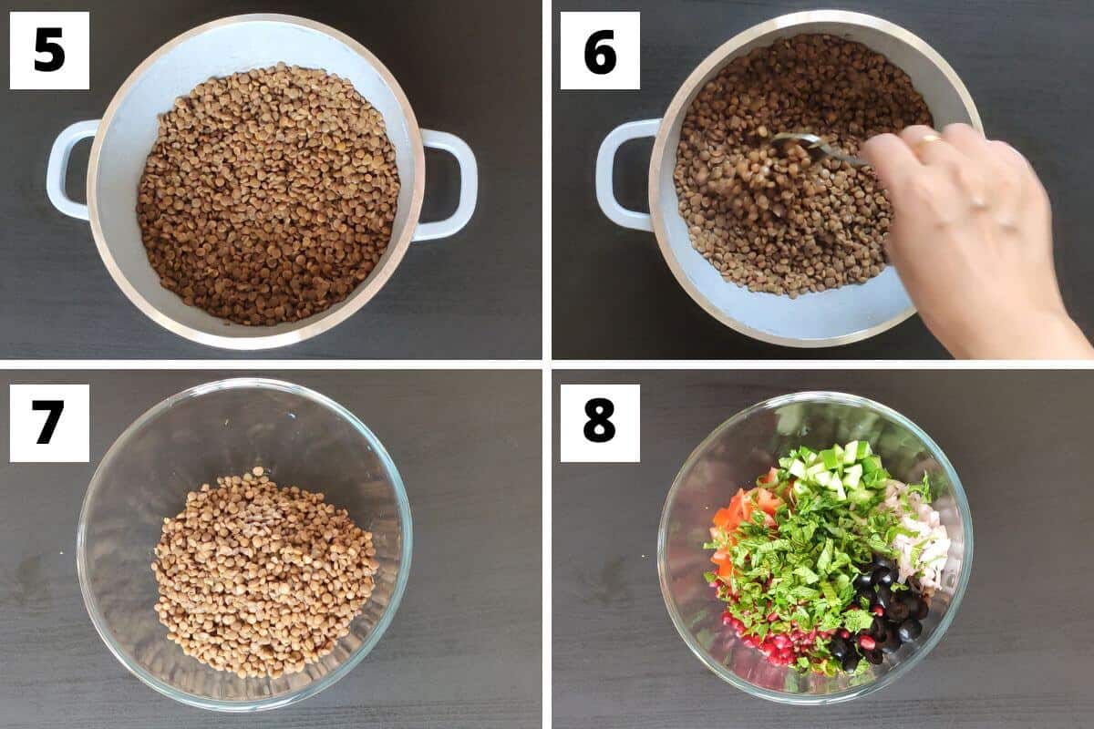 Collage of images of steps 5 to 8 of lentil and feta salad recipe.