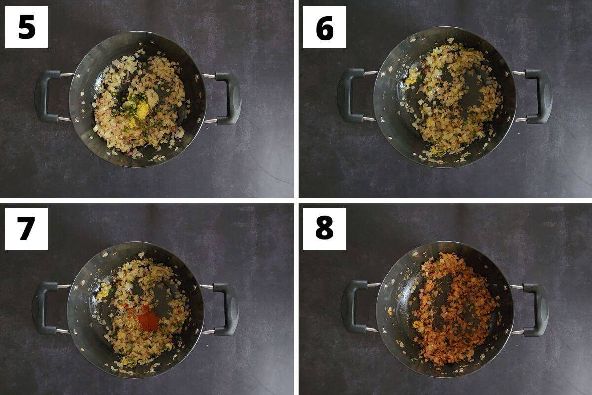 collage of images of steps 5 to 8 of moong masoor dal recipe.