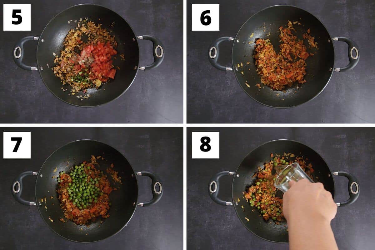 Collage of images of steps 5 to 8 of paneer bhurji recipe