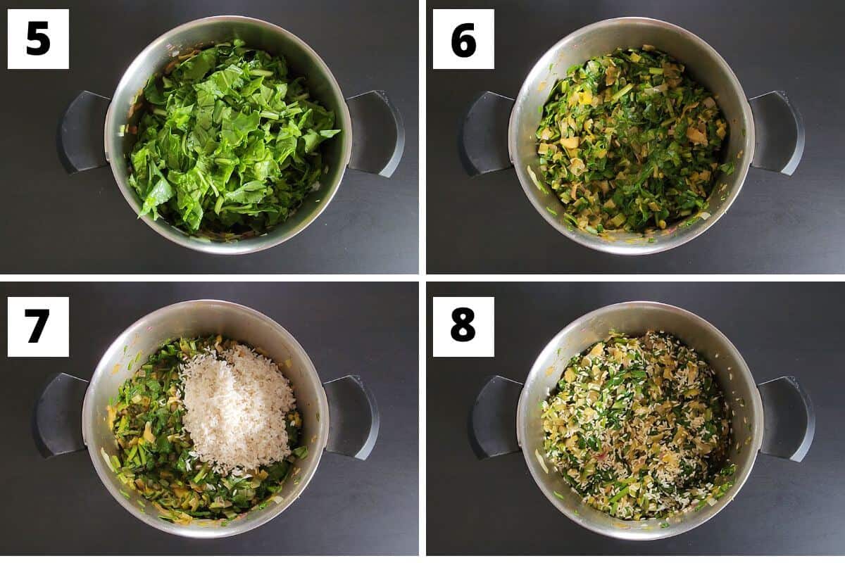 Collage of images of steps 5 to 8 Greek spinach rice recipe.