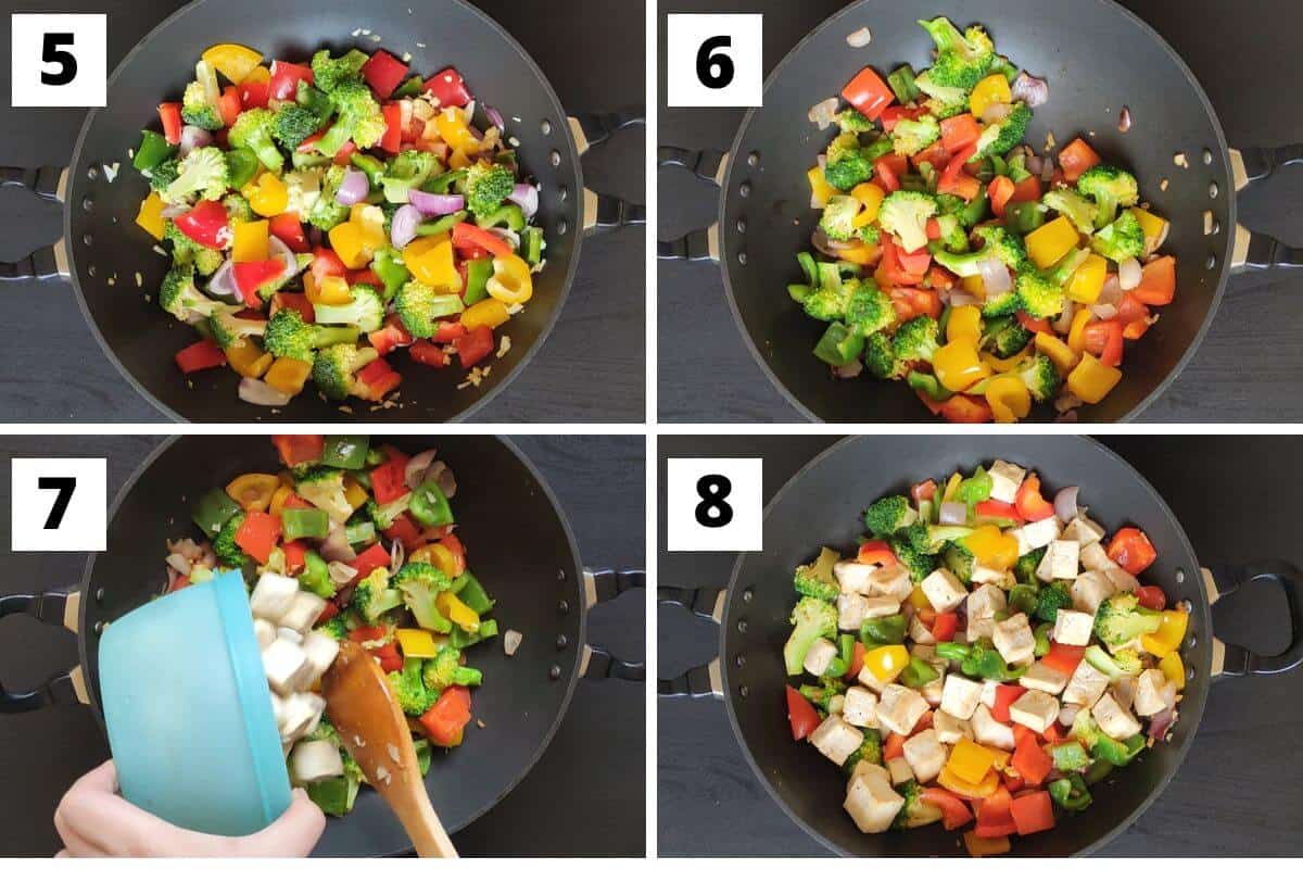 Collage of images of steps 5 to 8 of sweet and sour tofu recipe.