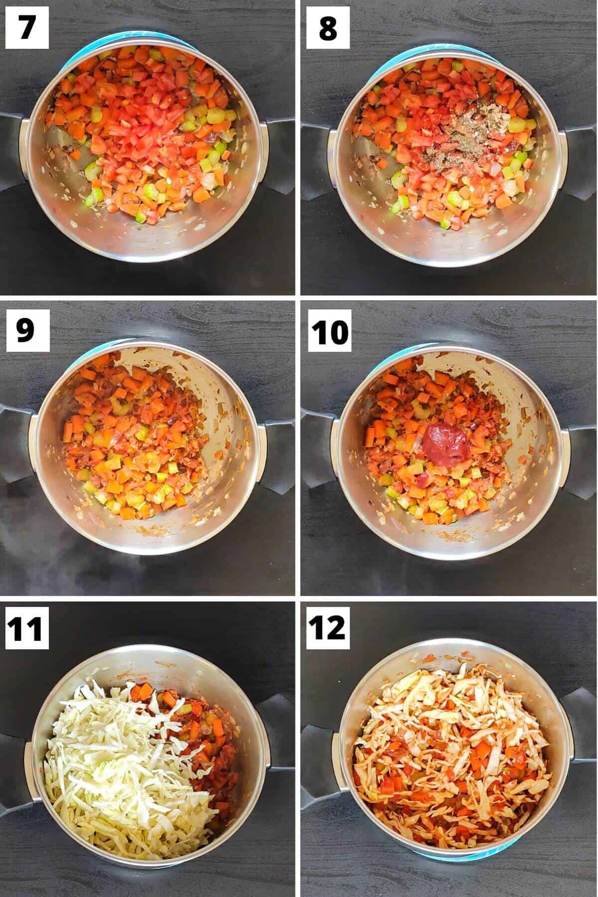 Collage of images of steps 7 to 12 of vegan cabbage soup recipe.