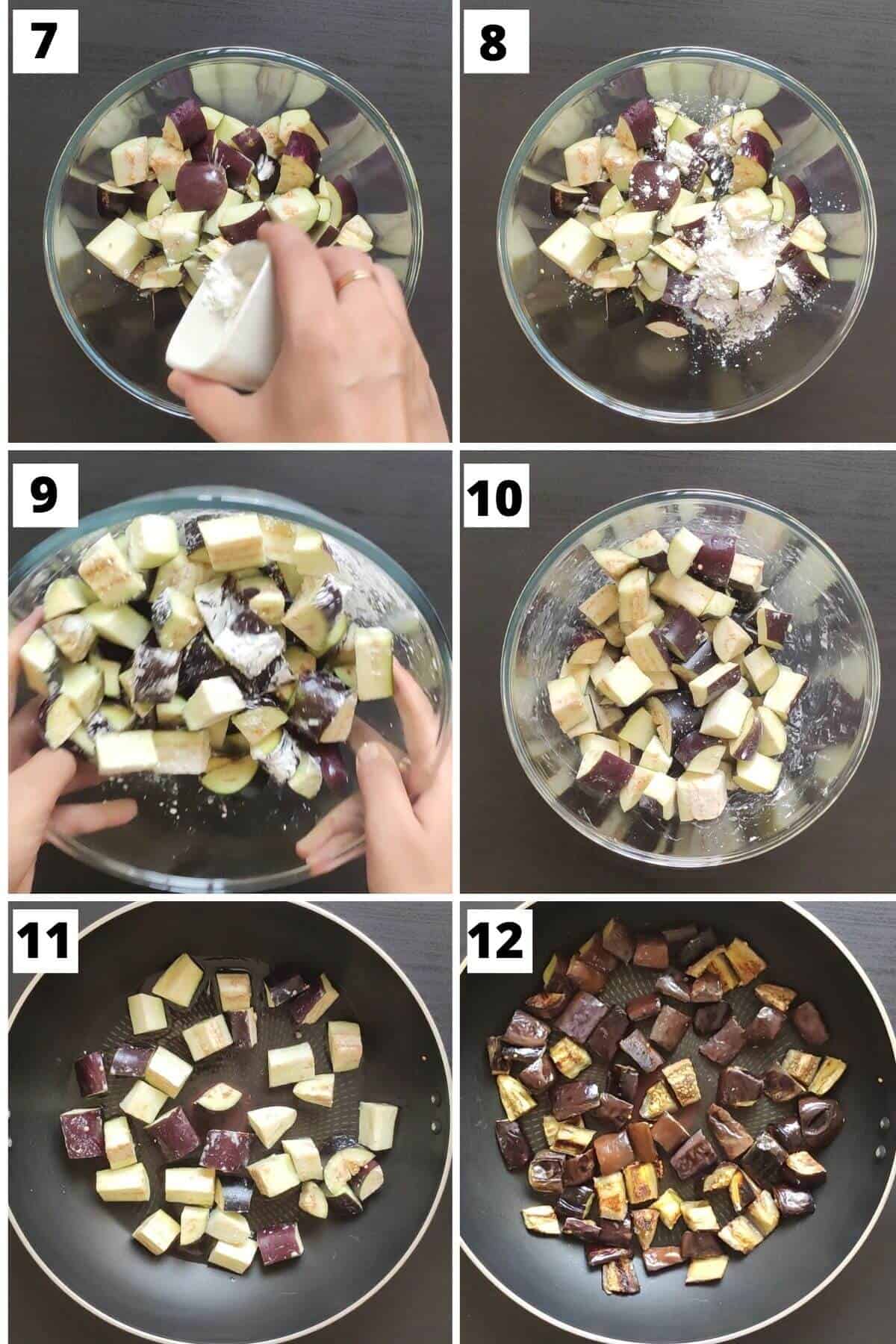 Collage of images of steps 7 to 12 of garlic eggplant recipe.