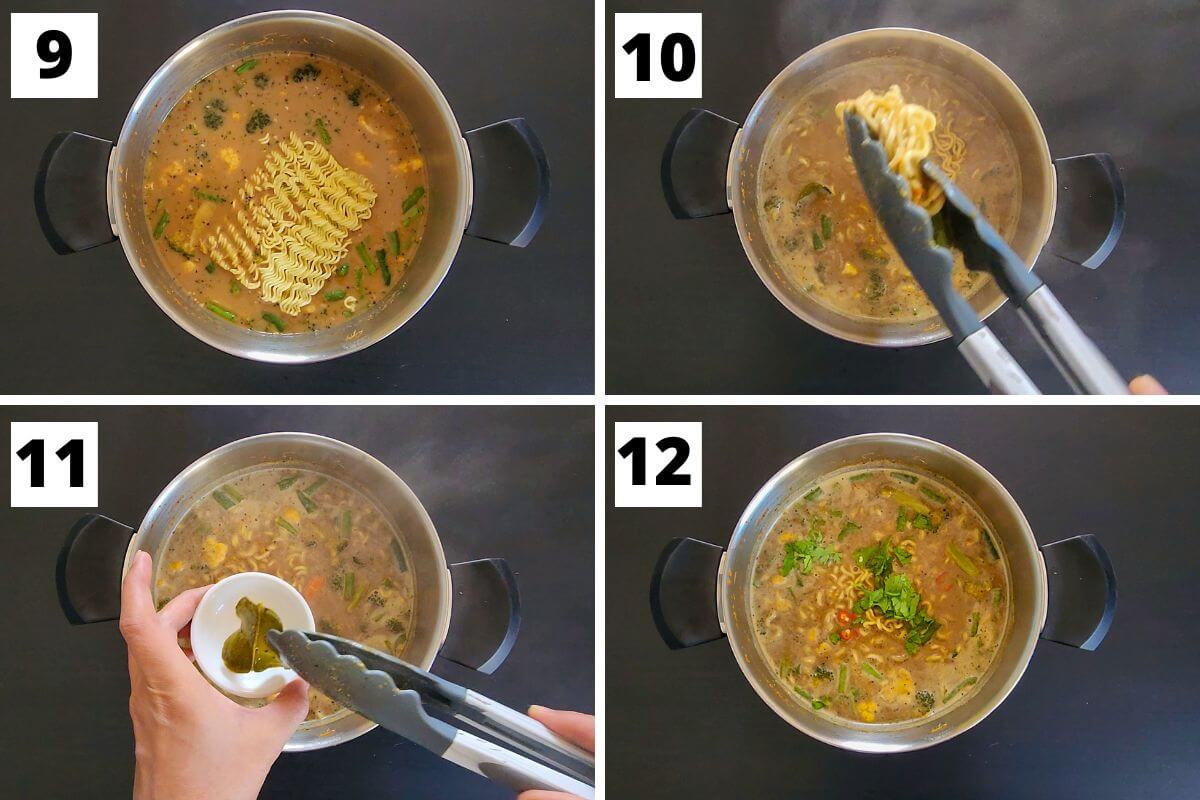 Collage of images of steps 9 to 12 of Thai curry noodle soup.