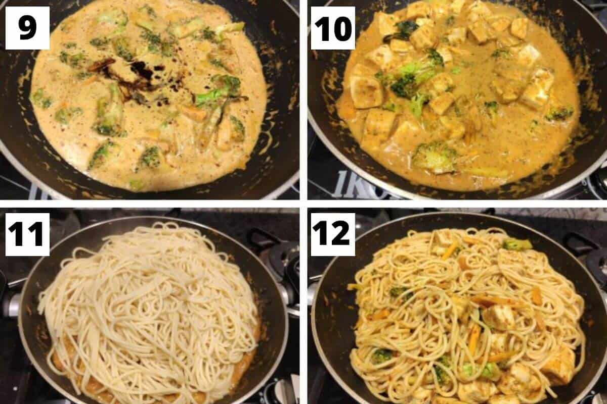 Collage of 4 photos showing step by step process of making Thai curry noodles