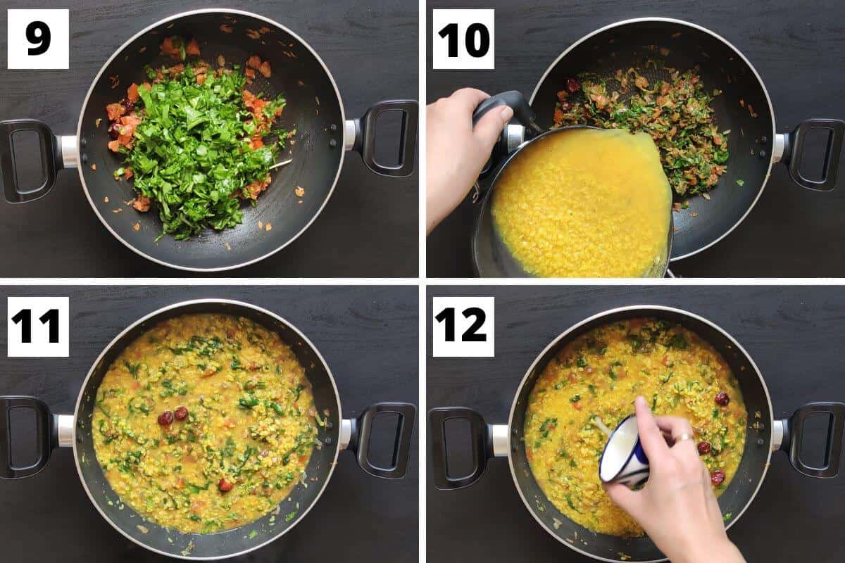Collage of images of steps 9 to 12 of palak dal recipe.
