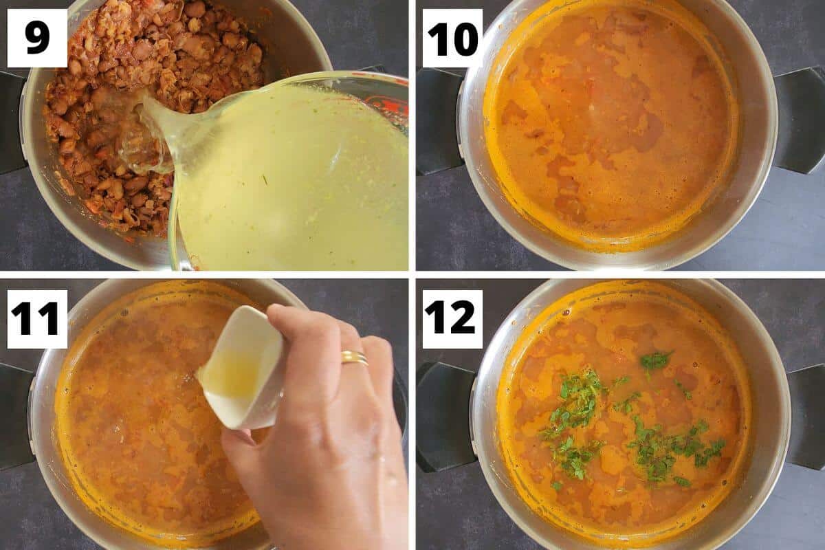Collage of images of steps 9 to 12 of fava bean soup recipe.