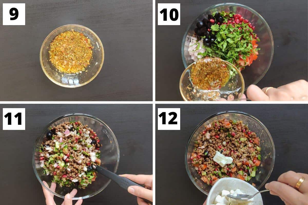 Collage of images of steps 9 to 12 of lentil and feta salad recipe.