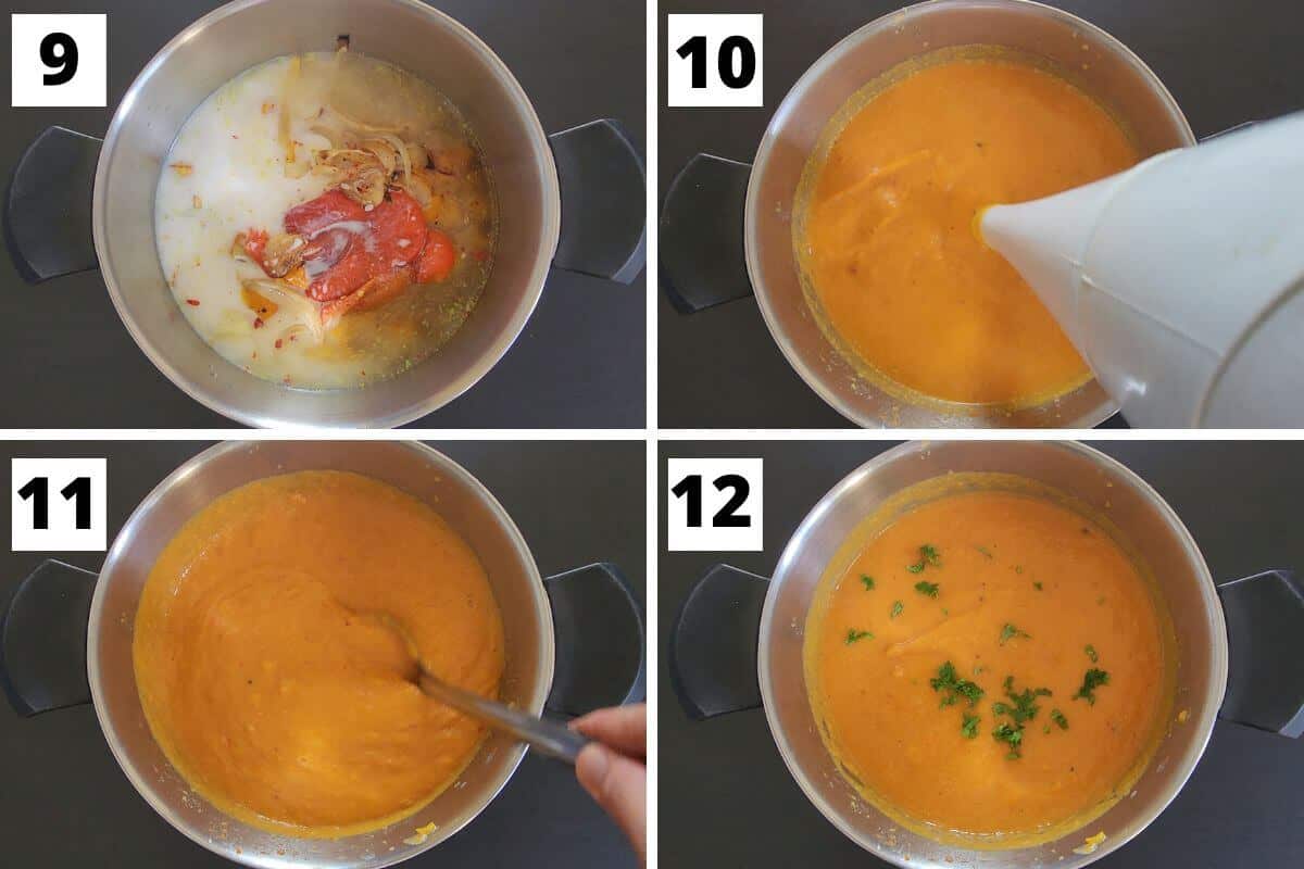 Collage of images of steps 9 to 12 of roasted butternut squash and red pepper soup recipe.