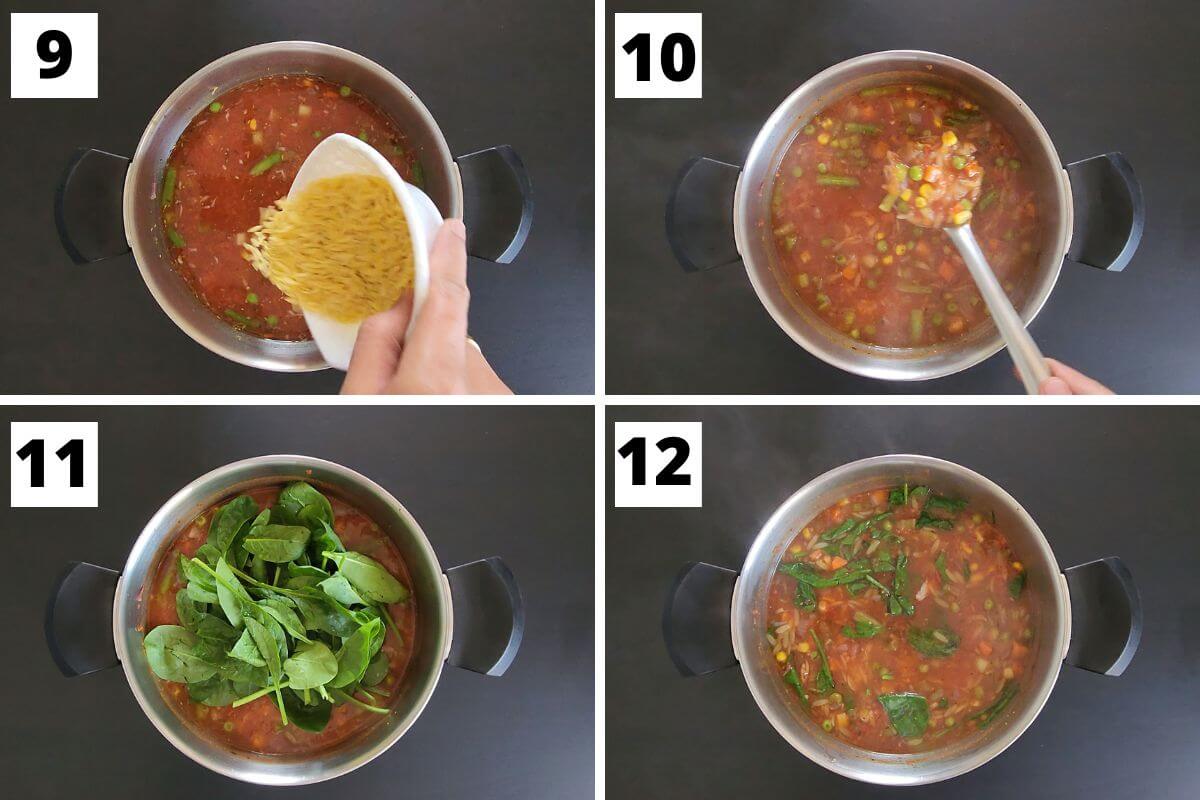Collage of images of steps 9 to 12 of orzo soup with vegetables recipe.