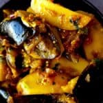 Close up shot of curried eggplant and potatoes.