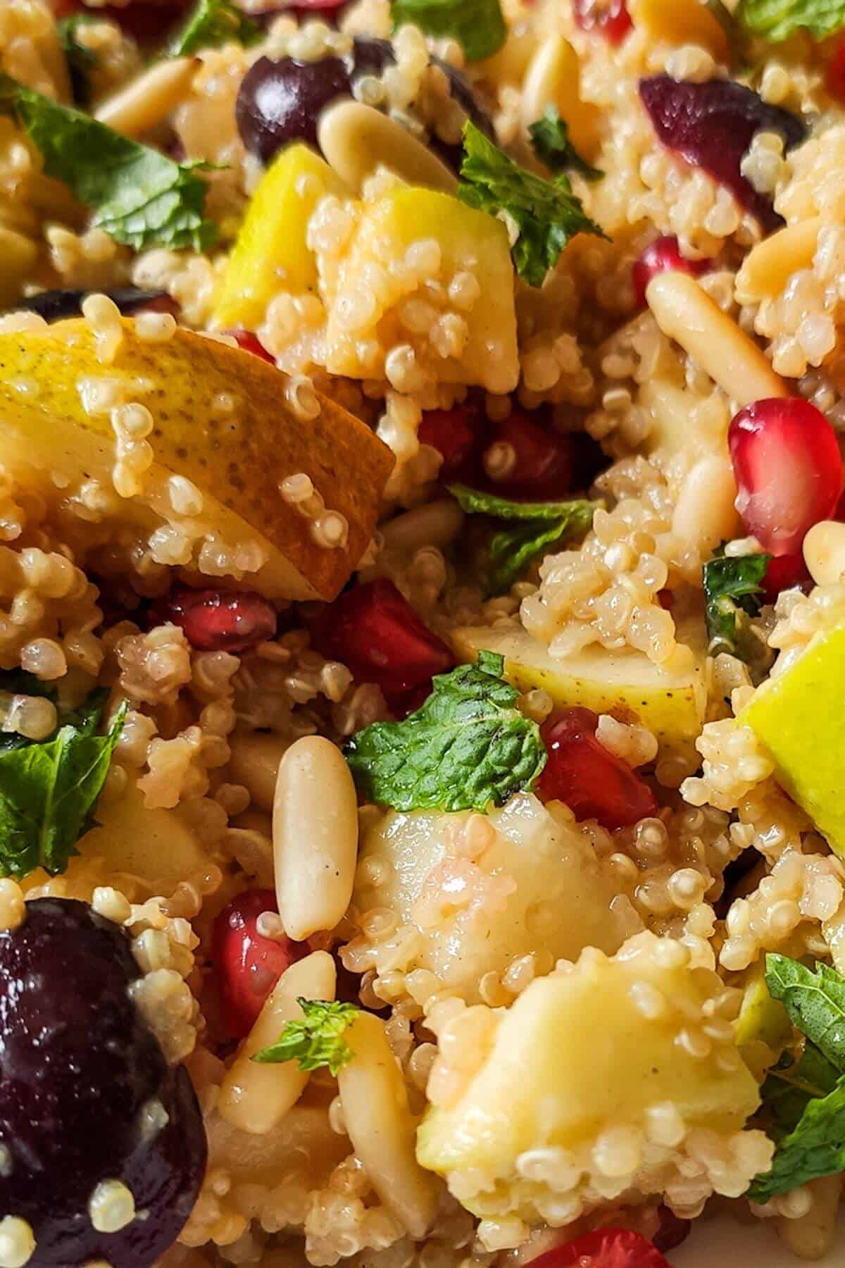 Close up shot of quinoa salad with fruits and nuts