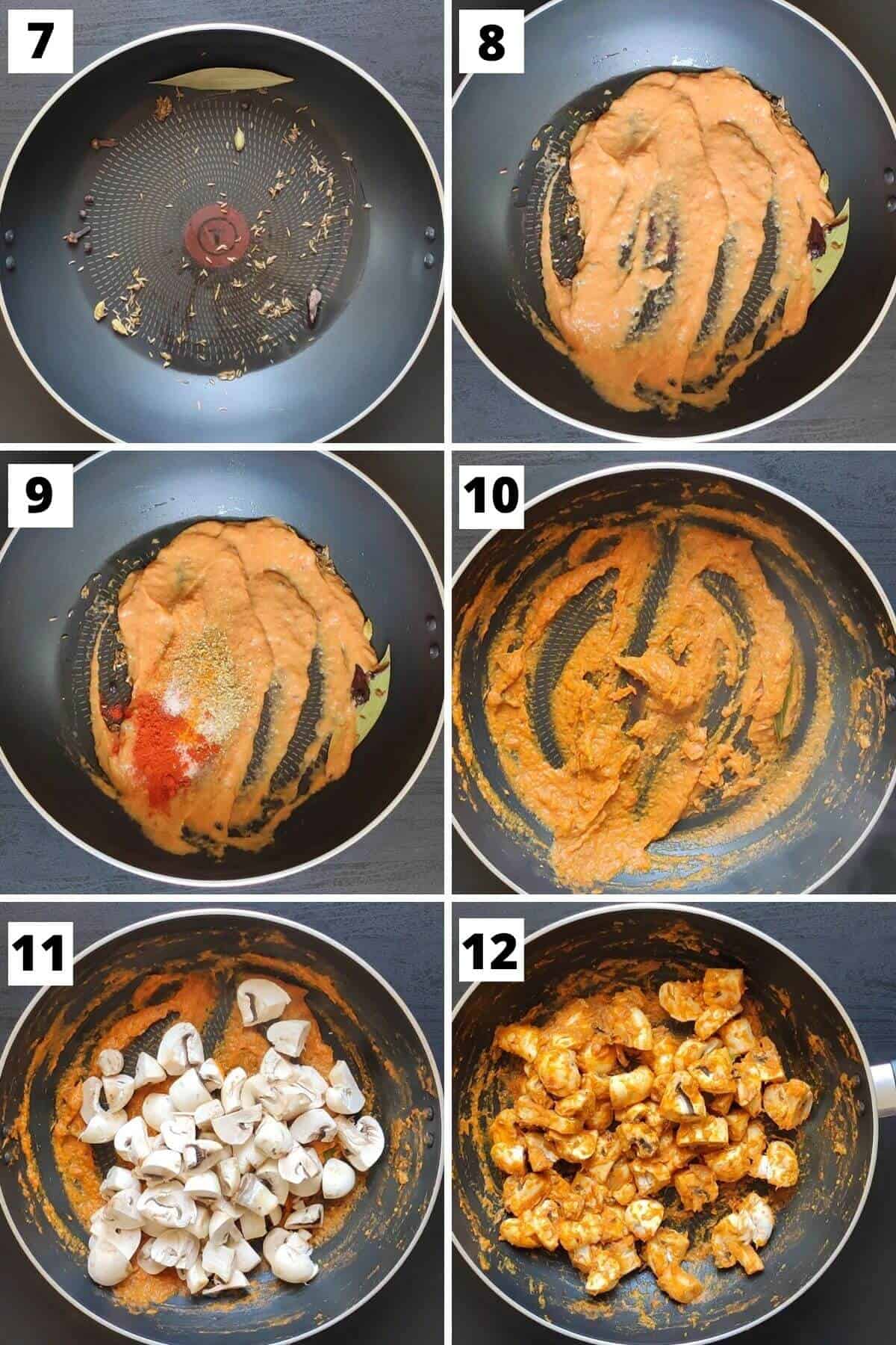 Collage of images of steps 7 to 12 of mushroom masala curry recipe.