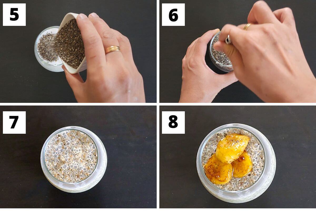Collage of images of steps 5 to 8 of banana chia pudding.