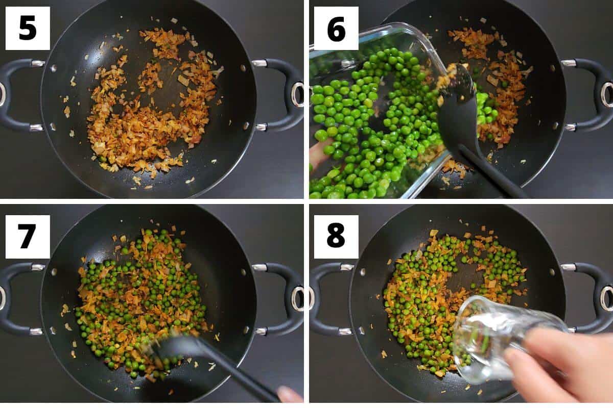 Collage of images of steps 5 to 8 of aloo matar dry recipe.