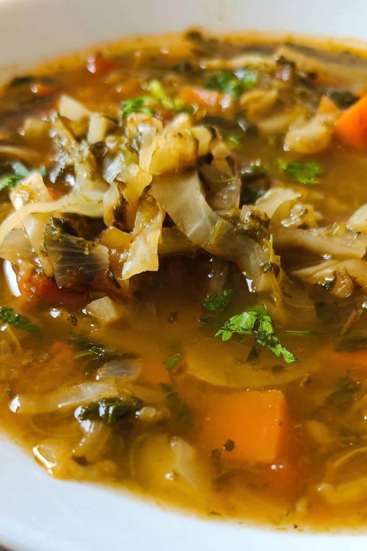 cabbage soup in a white bowl.