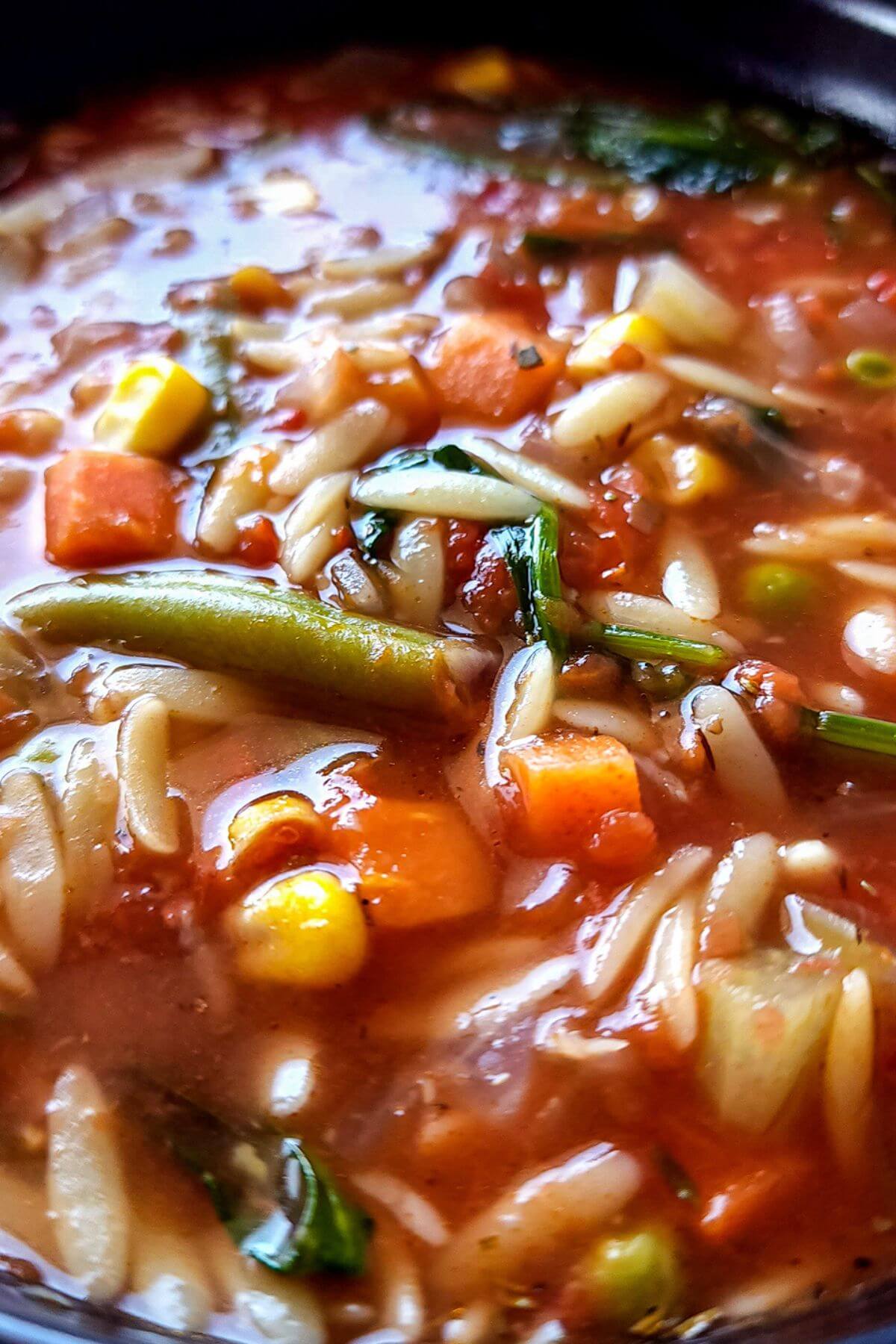 Close up shot of veggie orzo soup.