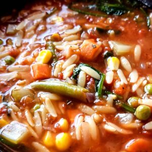 Close up shot of vegetable orzo soup.