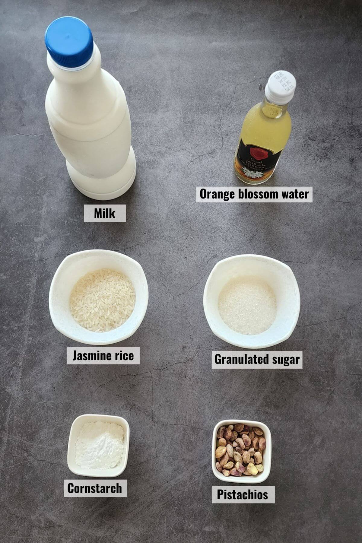 Ingredients required to make Middle Eastern rice pudding, labeled.