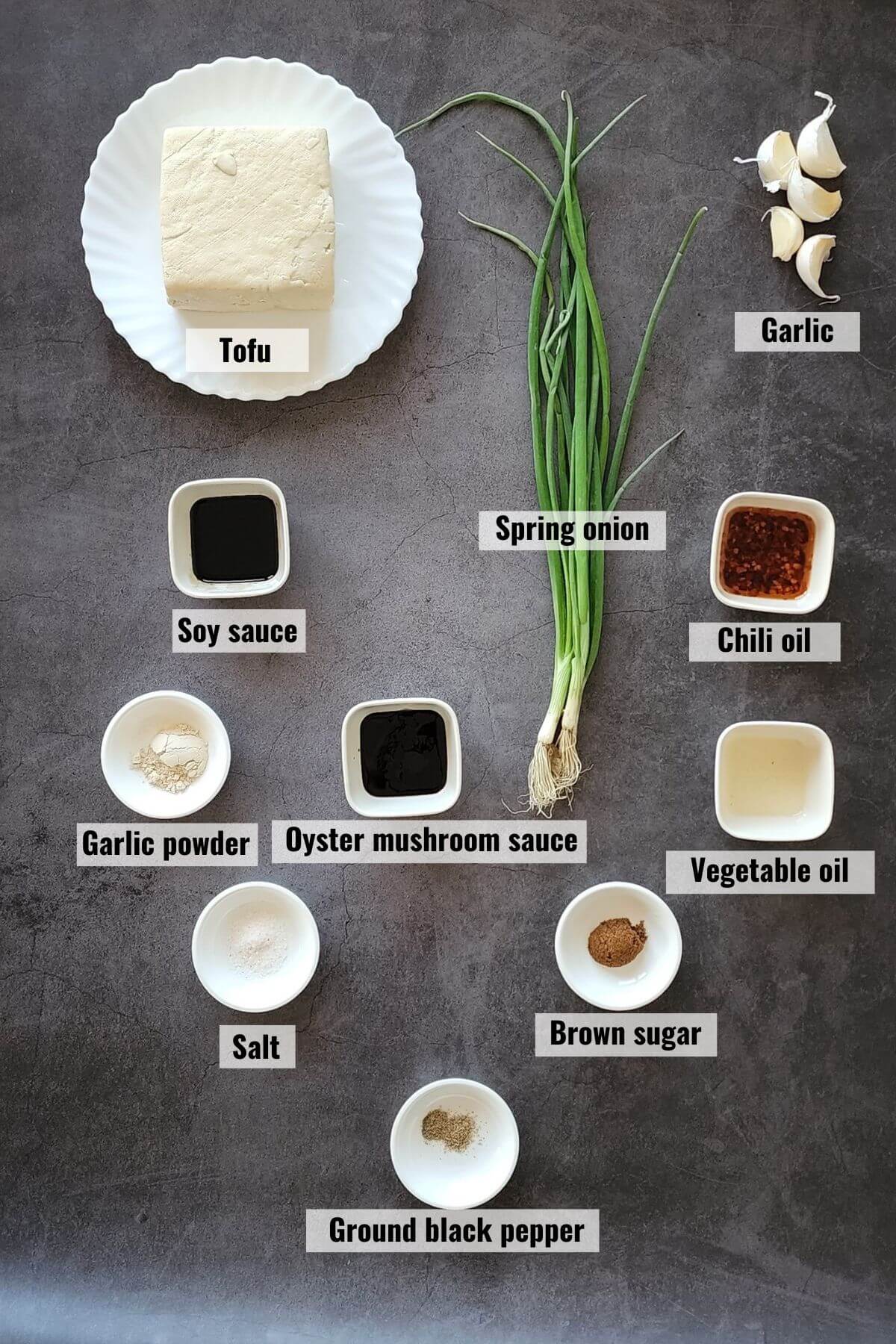 Ingredients required for spicy garlic tofu, labeled.