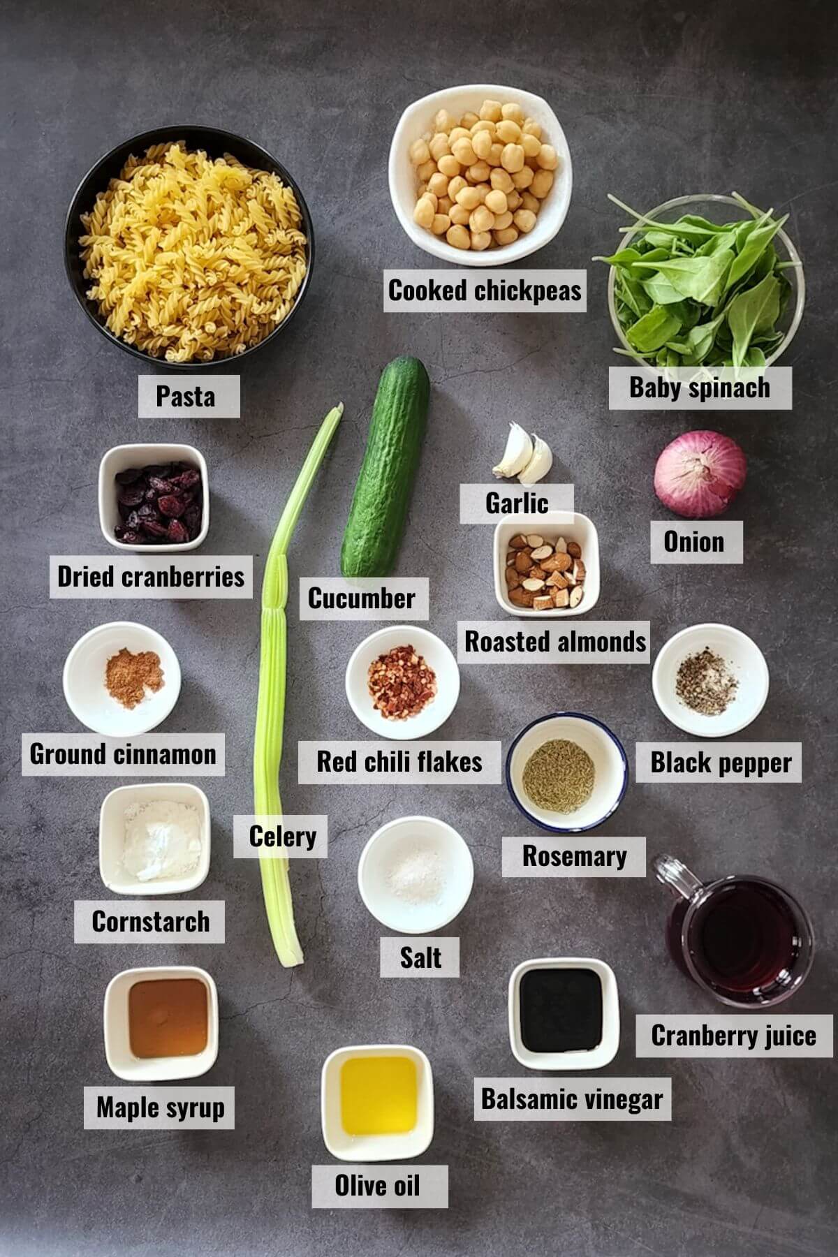 Ingredients required to make cranberry pasta salad, labeled.