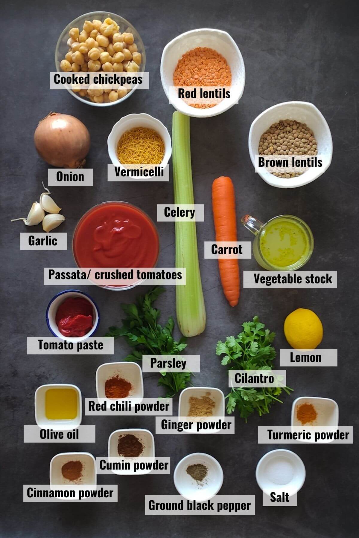 Ingredients of vegetarian harira soup recipe, labeled.