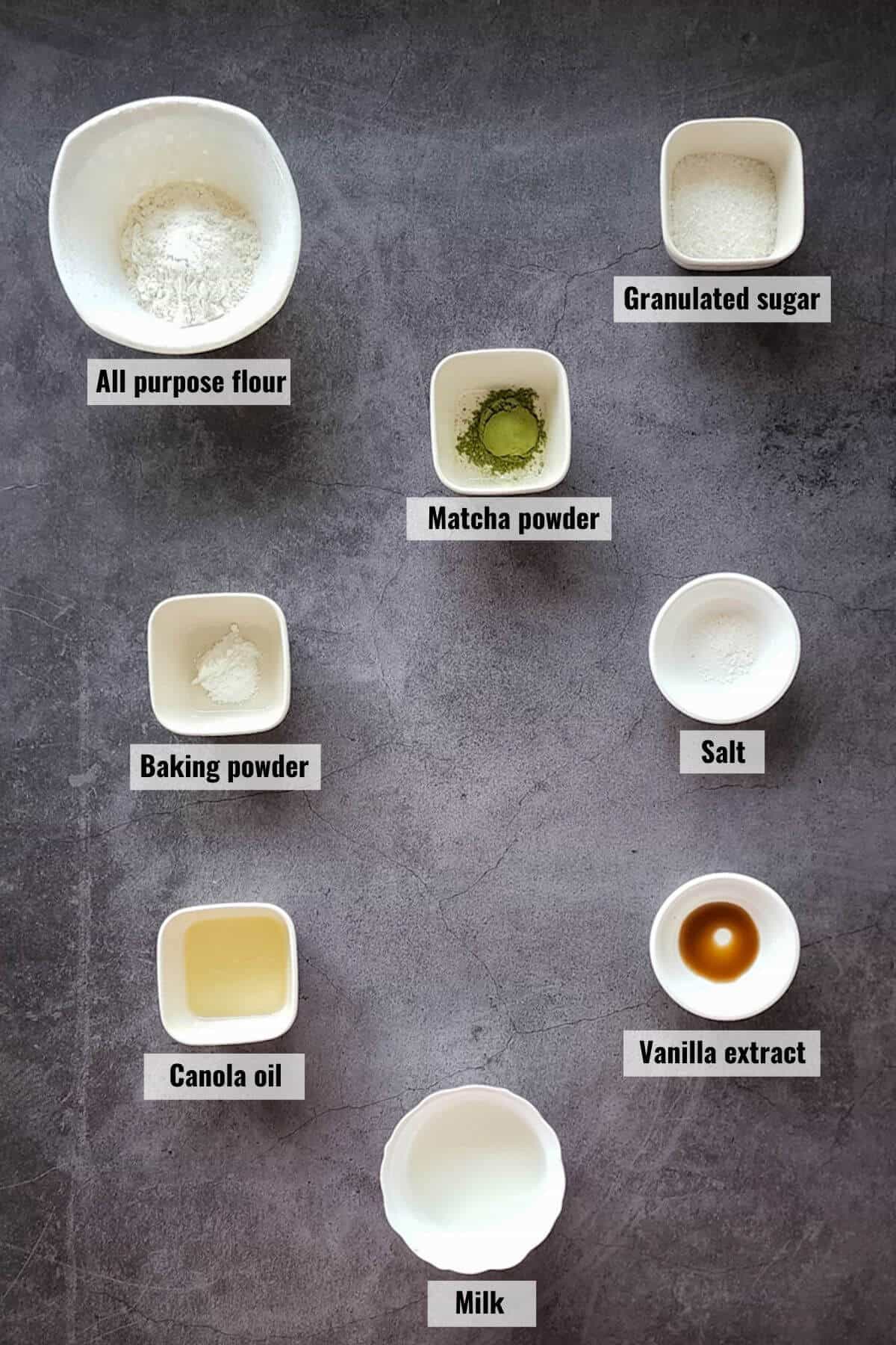 Ingredients for vegan matcha mug cake, labeled.