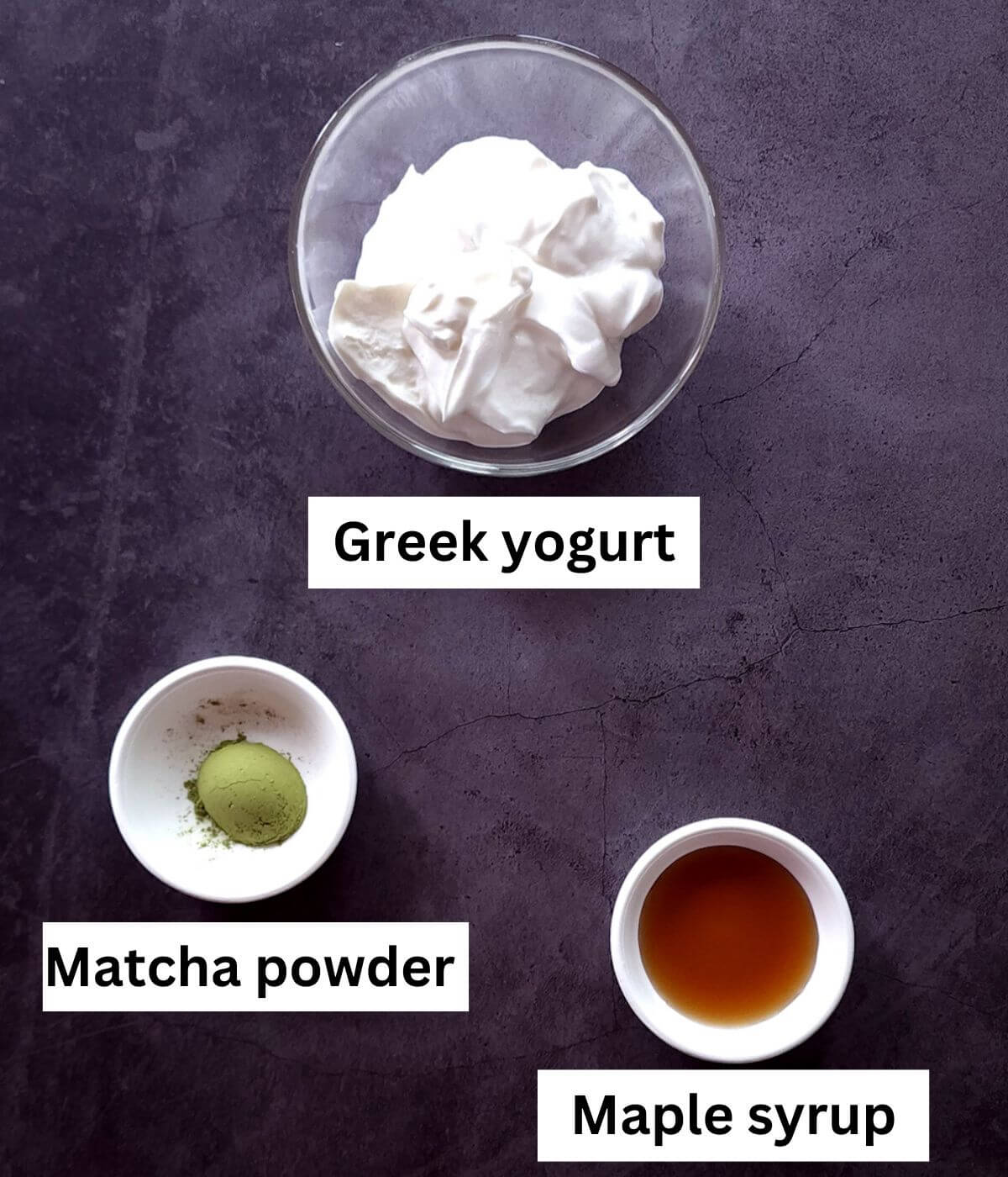 Ingredients required to make matcha yogurt, labeled.