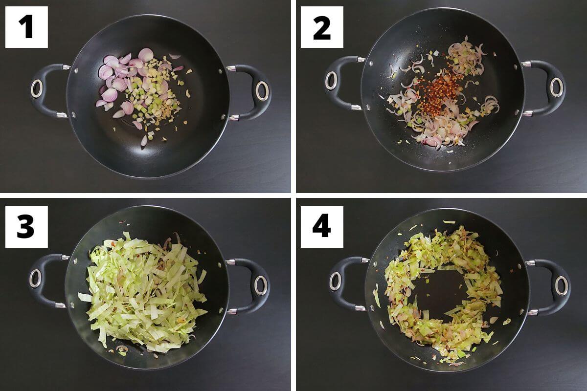 Collage of images of steps 1 to 4 of cabbage ramen recipe.