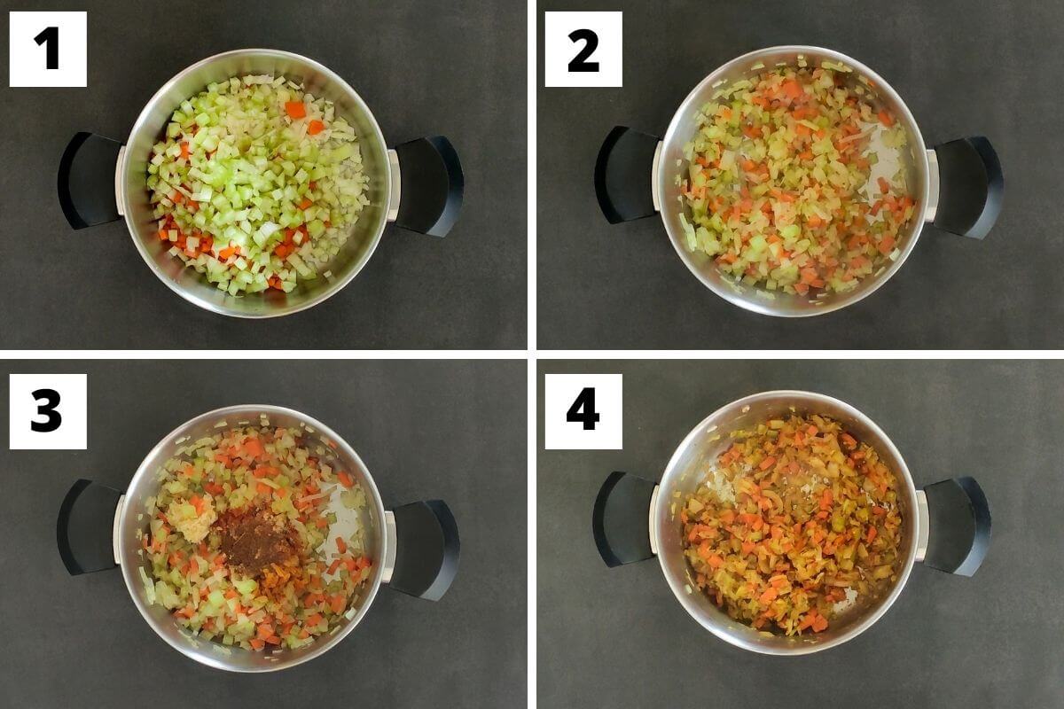 Collage of images of steps 1 to 4 of harira recipe.