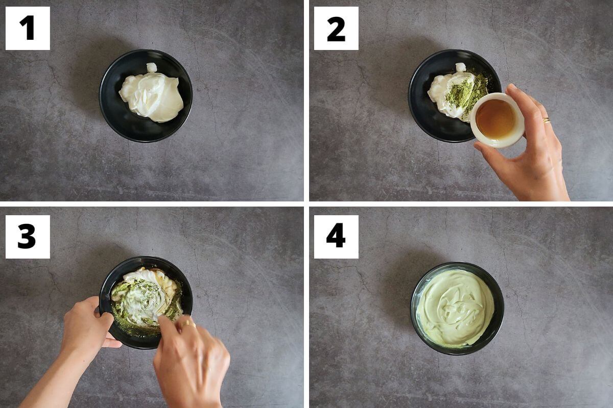 Collage of images of steps 1 to 4 of matcha yogurt recipe.