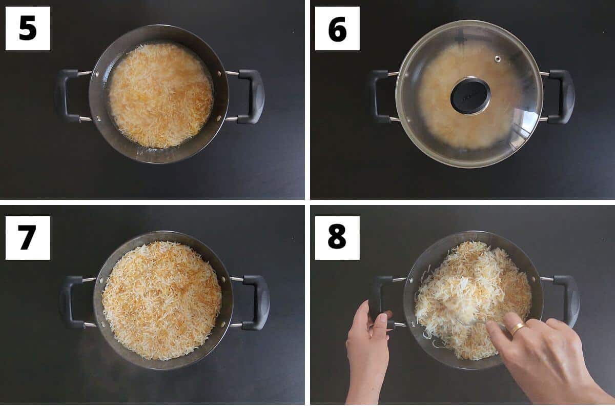 Collage of images of steps 5 to 8 of Lebanese vermicelli with rice recipe.