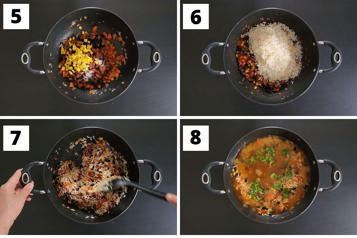 Collage of images of steps 5 to 8 of Mexican corn and beans rice.