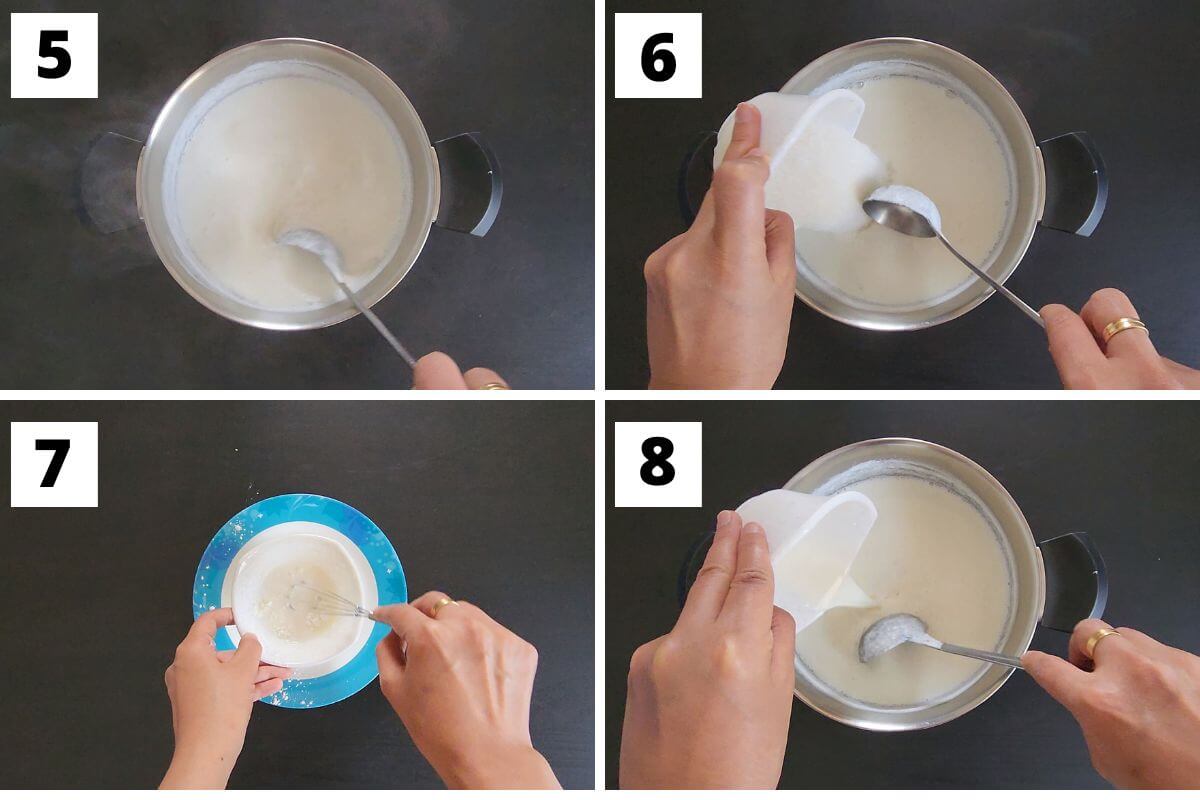 Collage of images of steps 5 to 8 of Lebanese rice pudding.