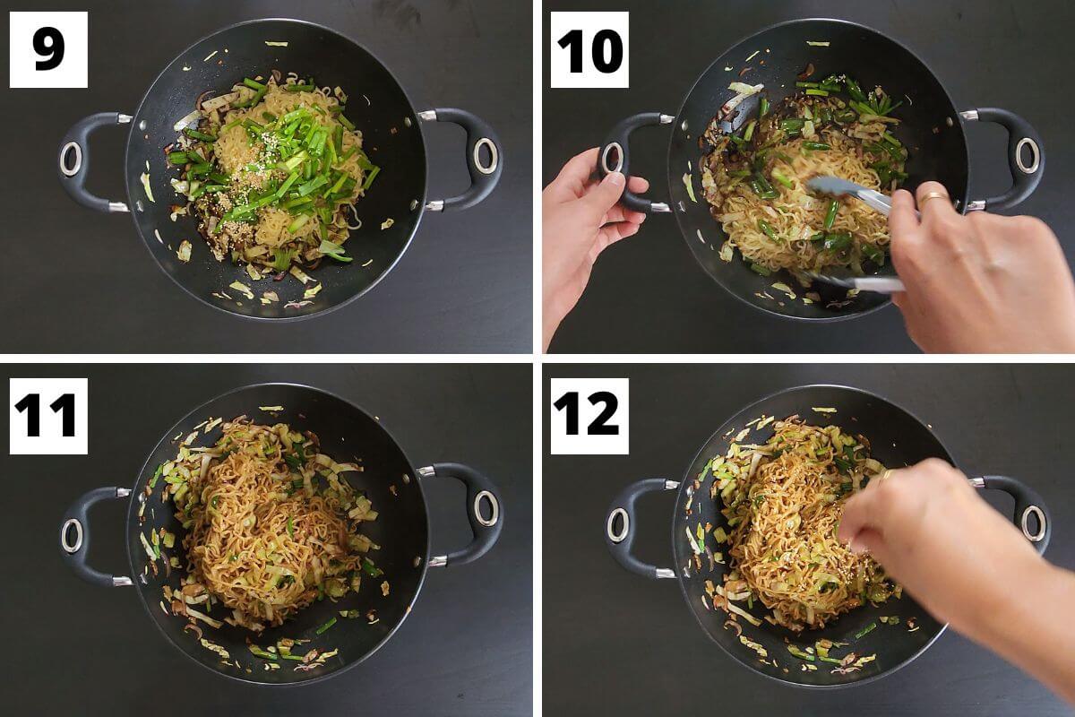 Collage of images of steps 9 to 12 of cabbage ramen recipe.