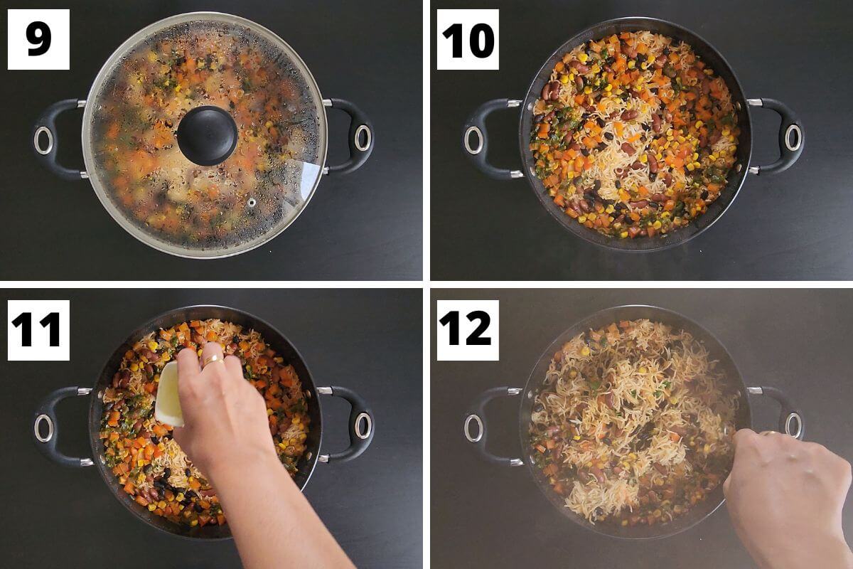 Collage of images of steps 9 to 12 of Mexican corn and beans rice.
