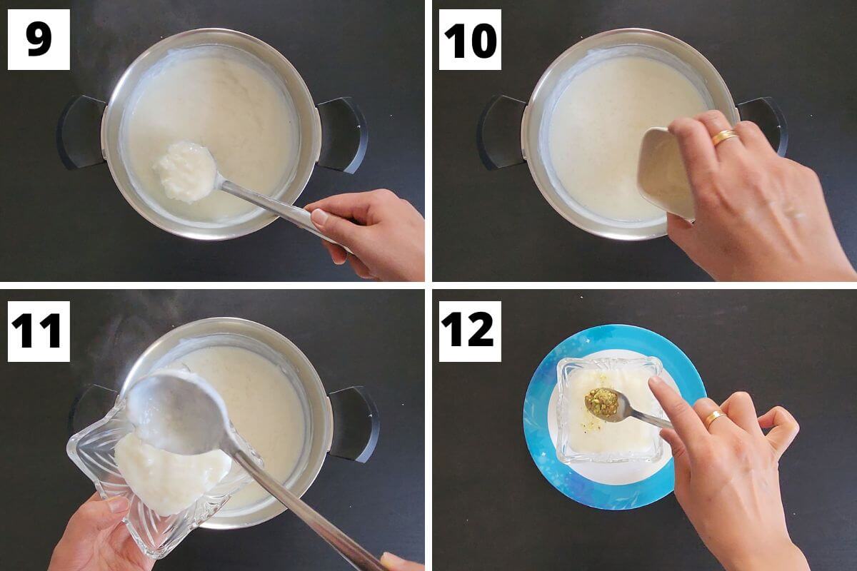 Collage of images of steps 9 to 10 of Lebanese rice pudding.
