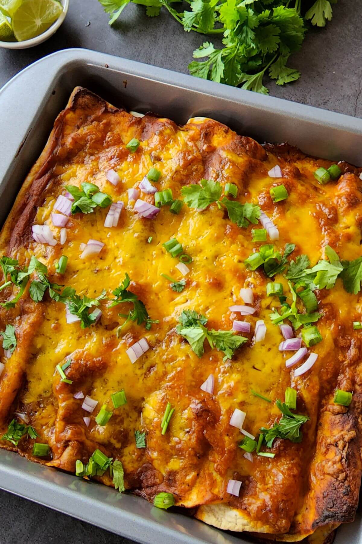Mushroom enchiladas in a casserole topped with chopped onion and cilantro.