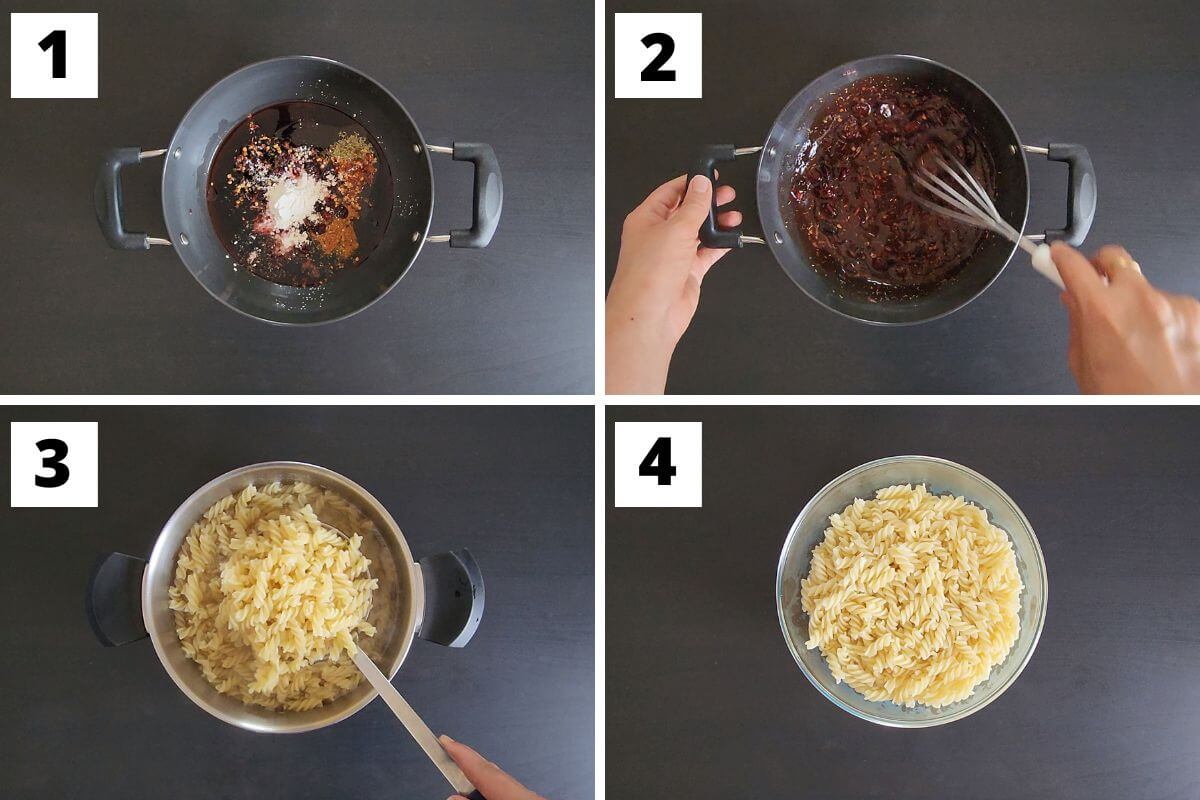 Collage of images of steps 1 to 4 of cranberry pasta salad
